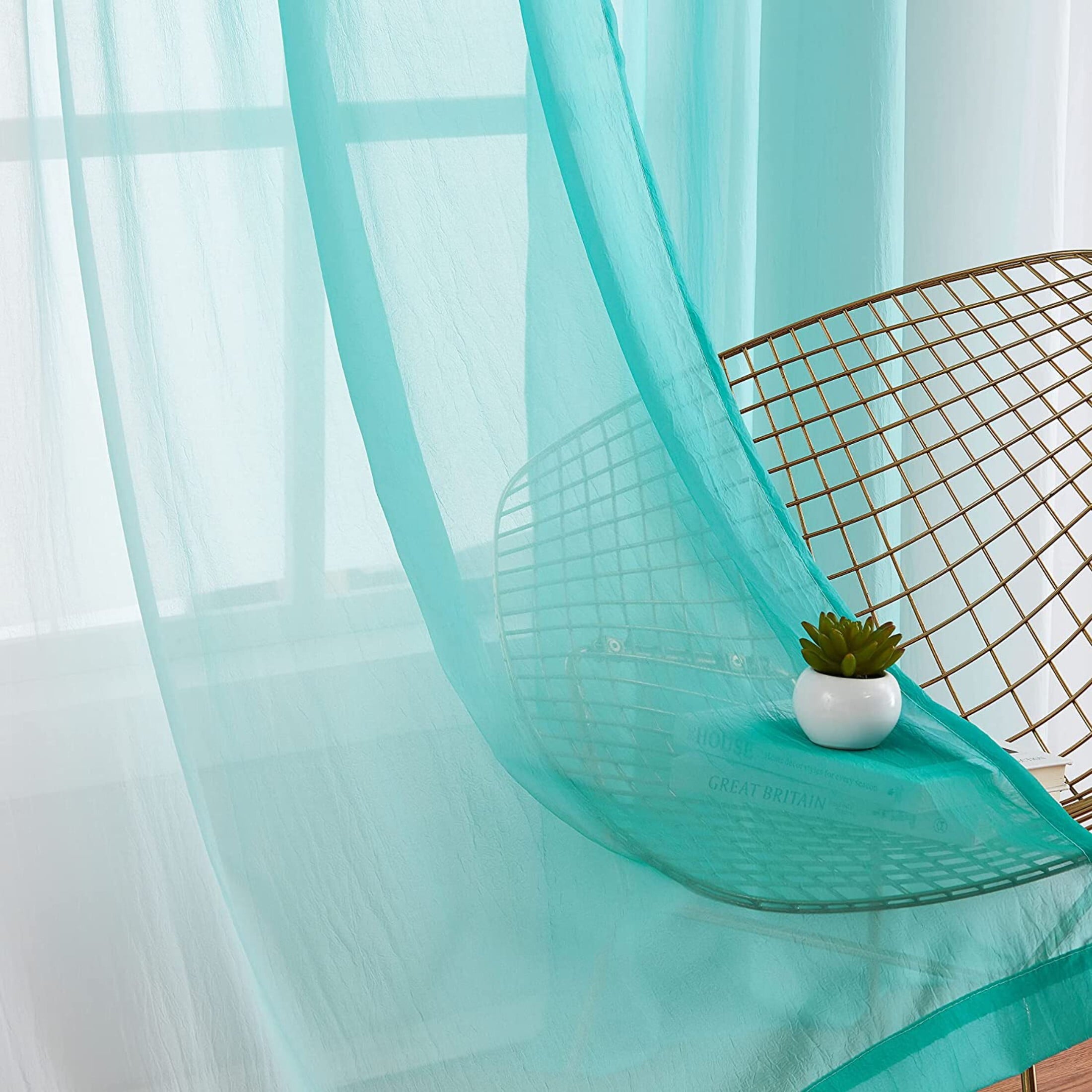 Junvictex Teal Ombre Chiffon Sheer Window Scarf Valance Curtains 18ft for Living Room,52