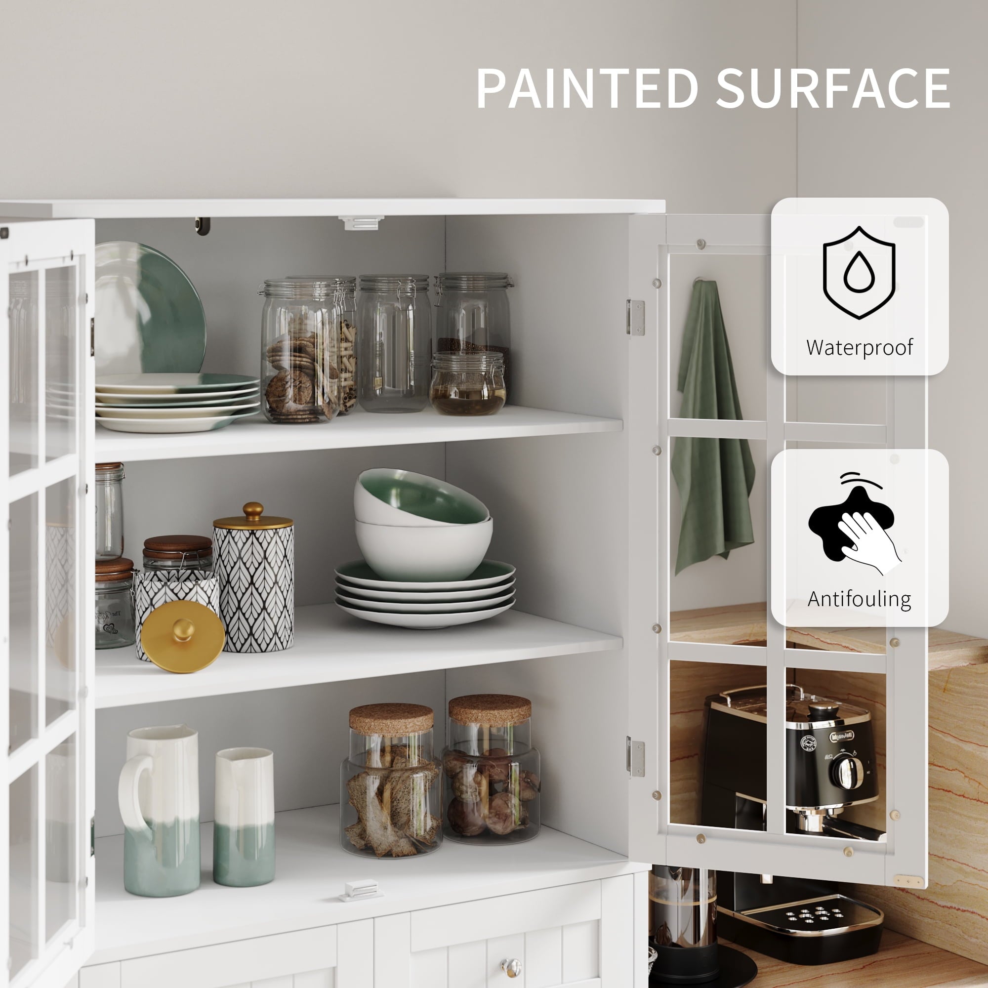 Homfa kitchen Pantry Cabinet with Glass Doors, 71'' Tall Storage Cabinet for Dining Room Living Room, White