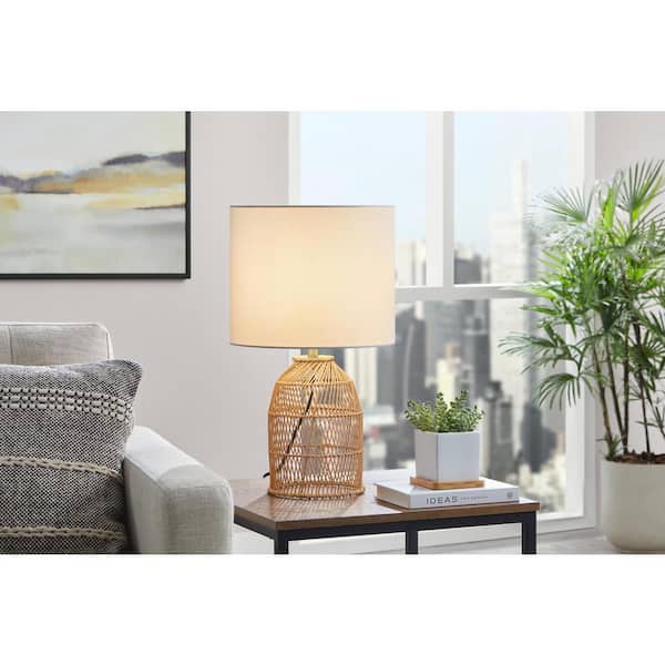 Tallaran 21 in. Rattan Table Lamp with White Fabric Shade