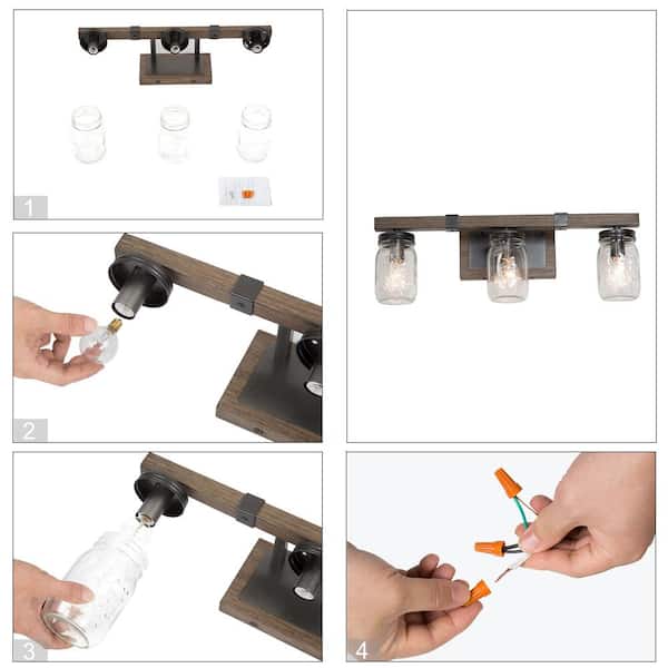 Modern Farmhouse Rust Black 3-Light Bathroom Vanity Light with Textured Faux Wood Accent and Mason Jar Glass Shades