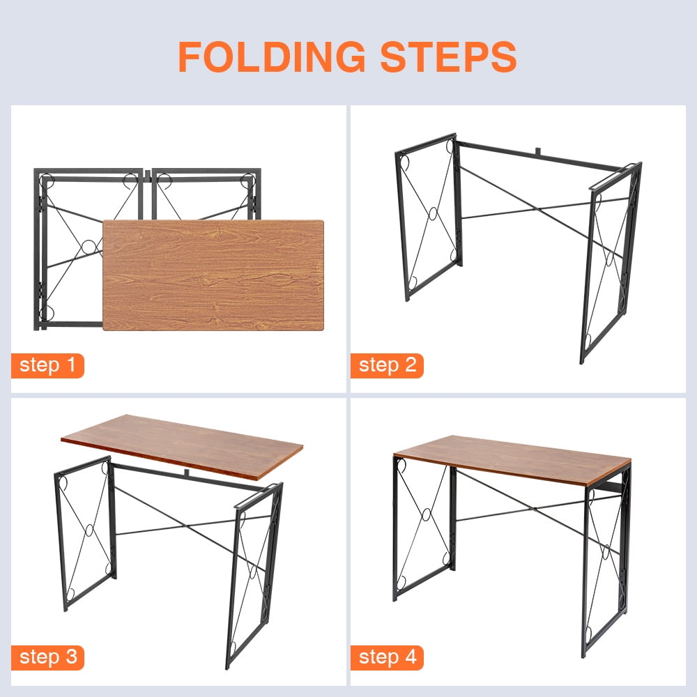 Kibhous Folding Computer Desk Writing Table Wood Top Metal Frame 39 inch PC Table for Adult Deep Brown