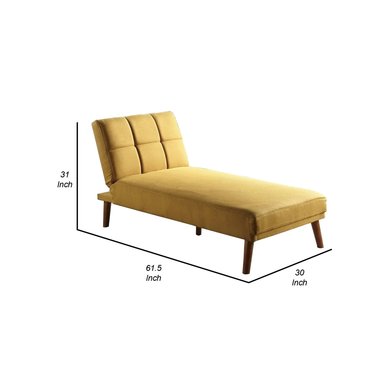 Gina 62 Inch Modern Adjustable Chaise, Square Tufting, Tapered Legs, Mustard