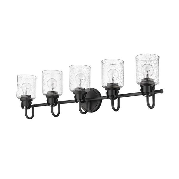 Kinsley 35 in. 5-Light Matte Black Vanity-Light with Clear Seeded Glass Shades