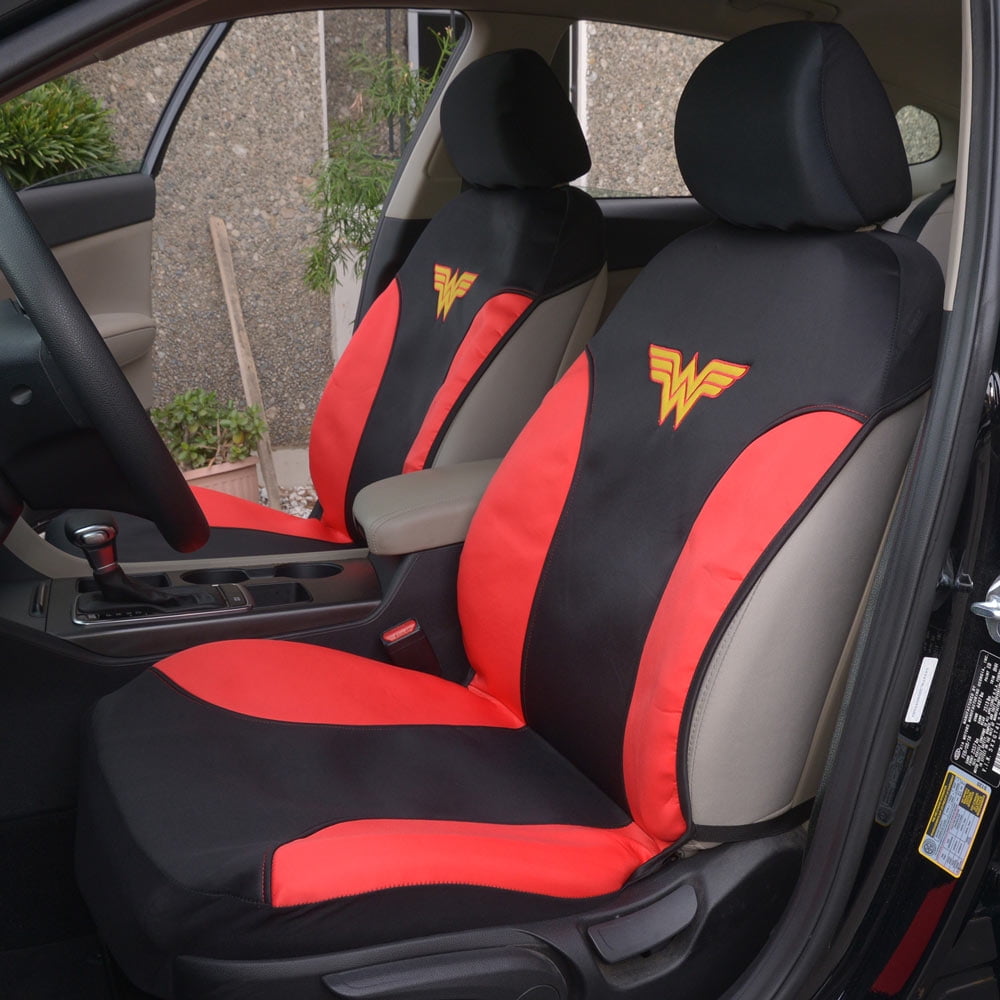 Wonder Woman Auto Accessories Combo Pack - Waterproof Seat Covers, Synth Leather Steering Wheel Cover & 4 Piece Car Floor Mats for Car SUV Van Truck