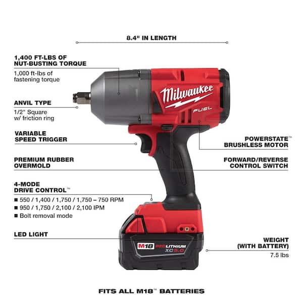 M18 FUEL 18- V Lithium-Ion Brushless Cordless 1/2 in. & 3/8 in. Impact Wrench w/Friction Ring Kit w/ 5.0 Ah Battery