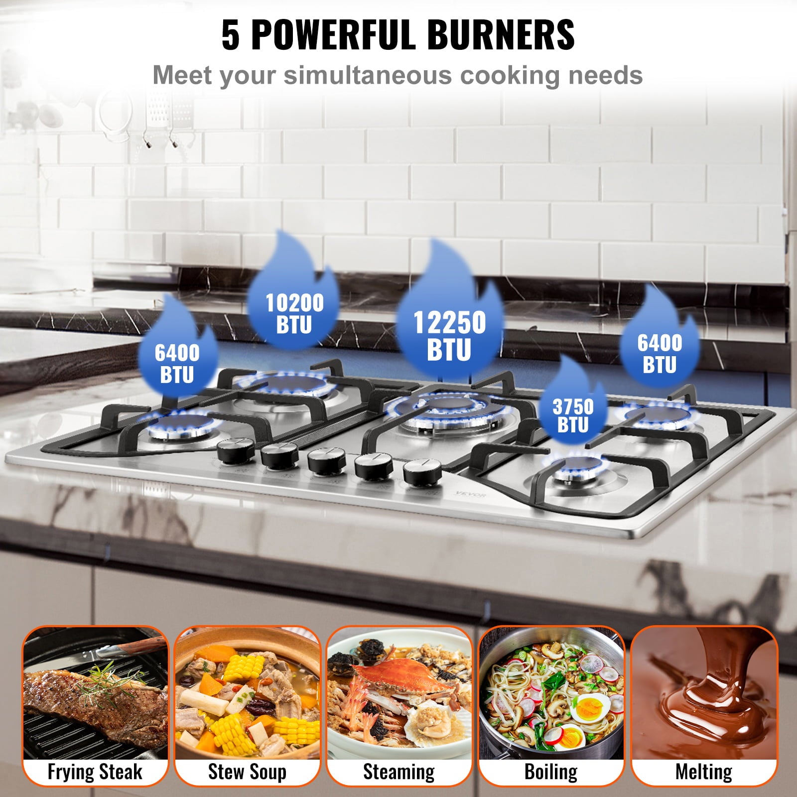 BENTISM Gas Cooktop Stove Top 30 inch Max 12250BTU 5 Burners Built-in LPG/NG Convertible