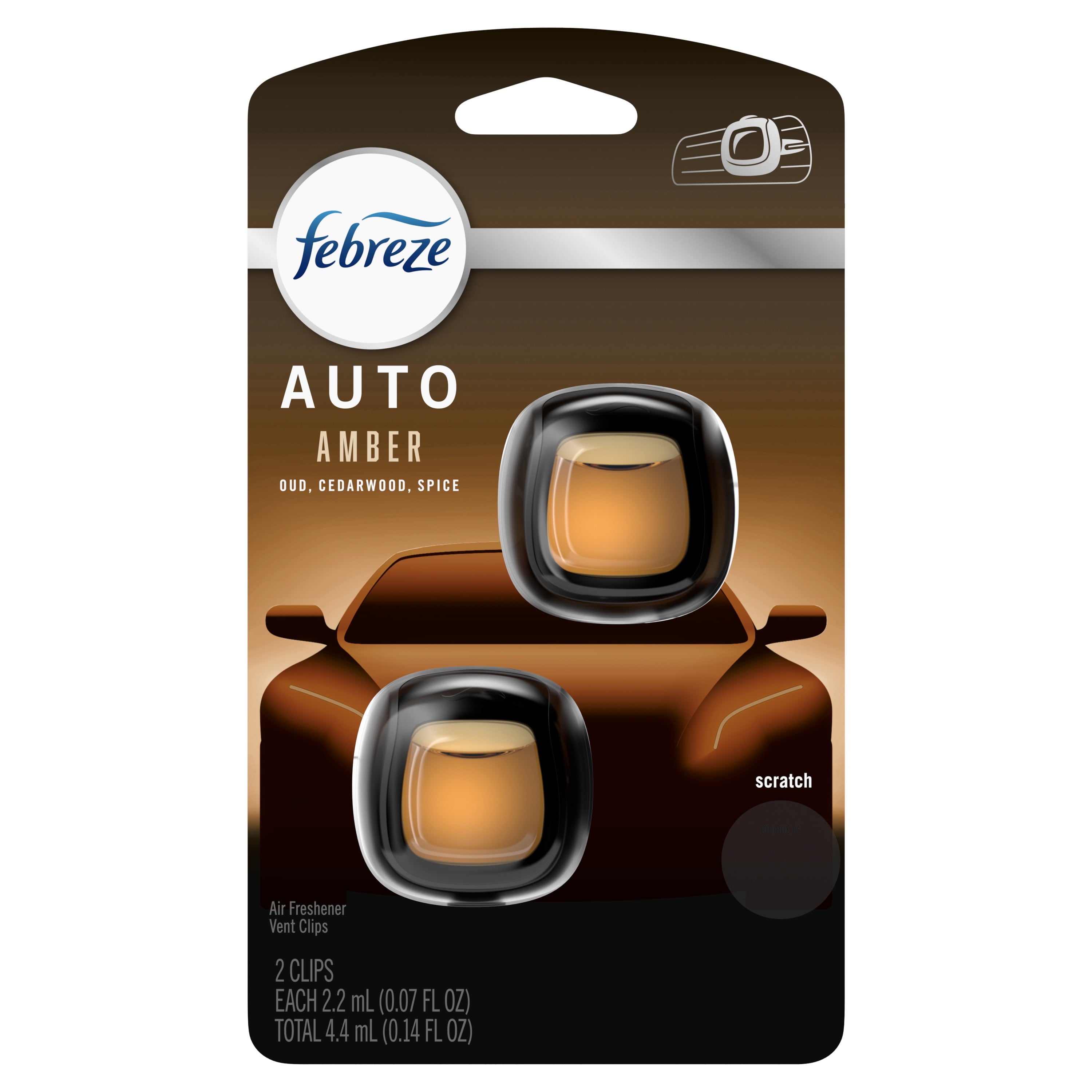 Febreze AUTO Air Freshener Vent Clip Amber Scent, .07 oz. Car Vent Clip, Pack of 2