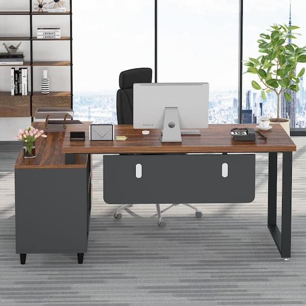 Lantz 55.1 in. L Shaped Desk Brown Engineered Wood 2-Drawers Executive Desk with Cabinet Shelves