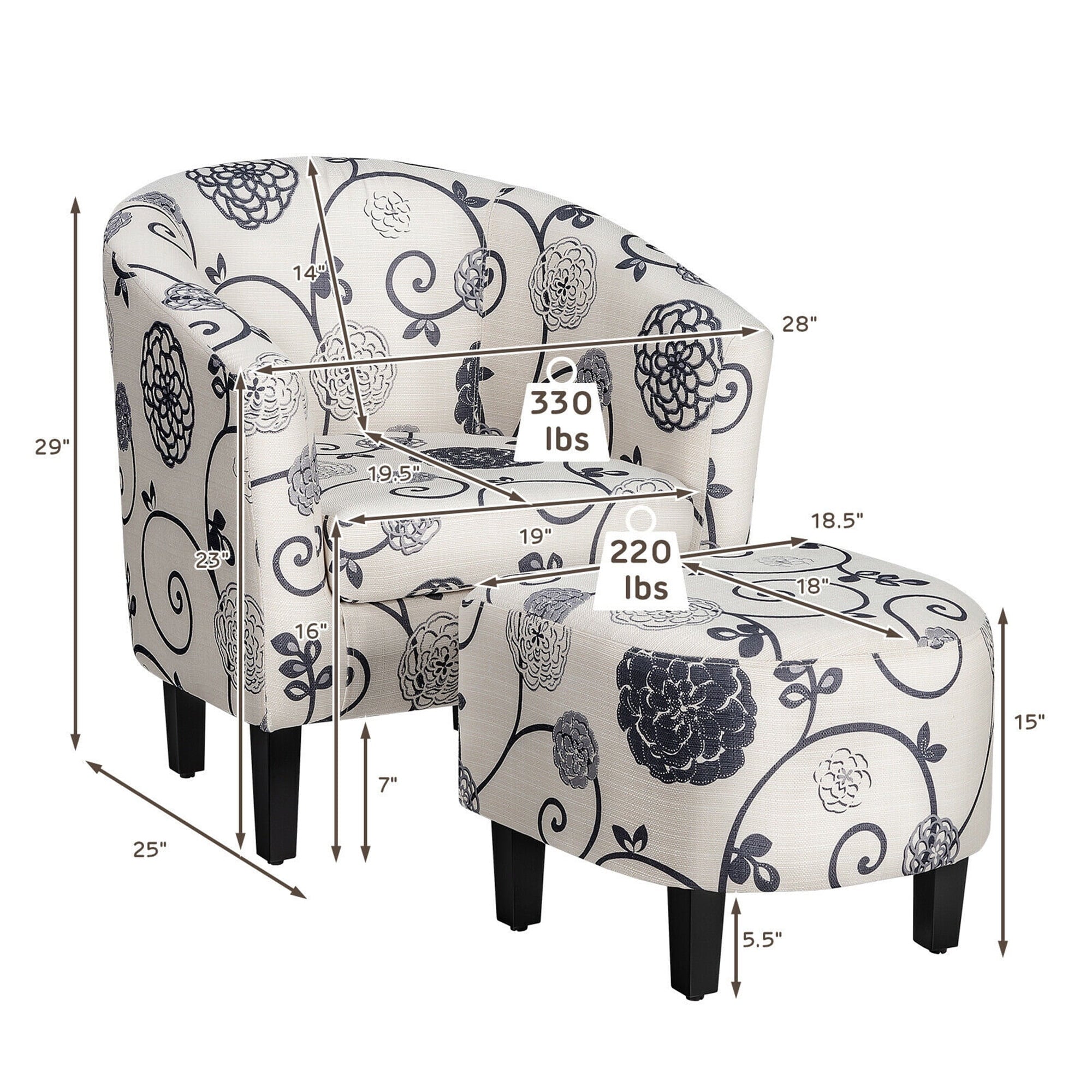 Gymax Modern Accent Tub Chair&Ottoman Set Fabric Upholstered Club Chair Grey Floral