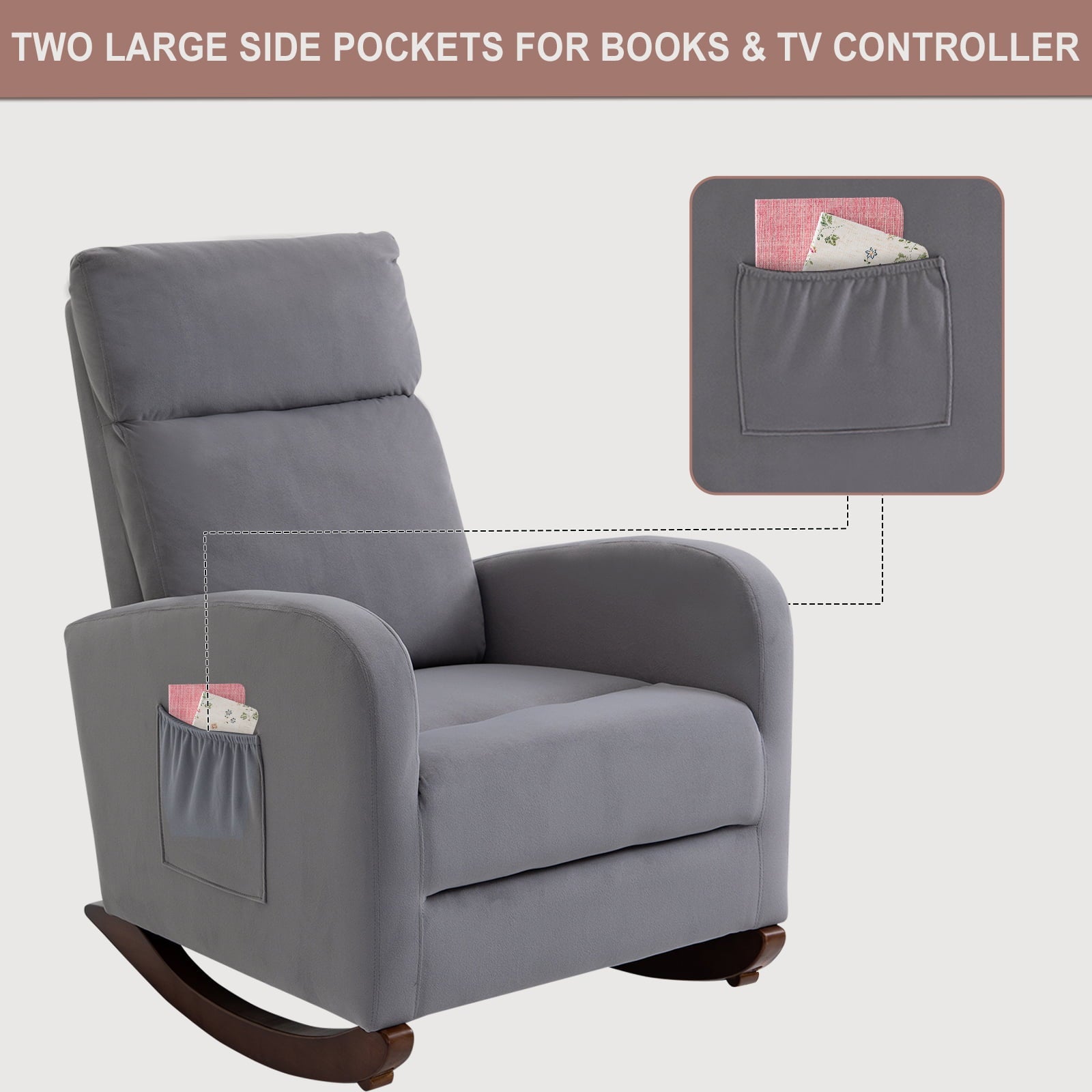 AVAWING Nursery Rocking Chairs Mid Century Glider Chair Upholstered Velvet High Back Arm Chair (Gray)