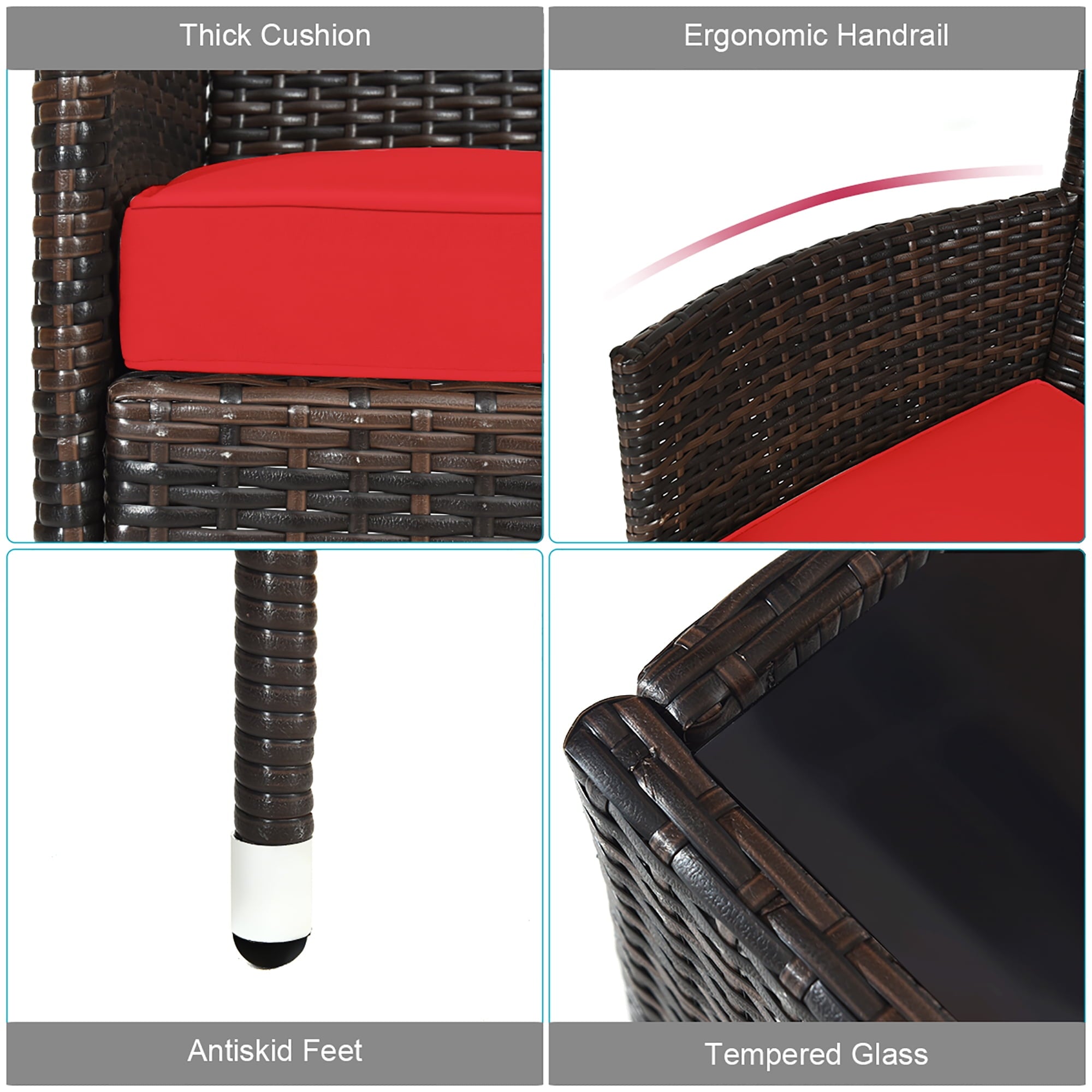 Costway 4PCS Rattan Patio Furniture Set Cushioned Sectional Sofa Chair Coffee Table Red