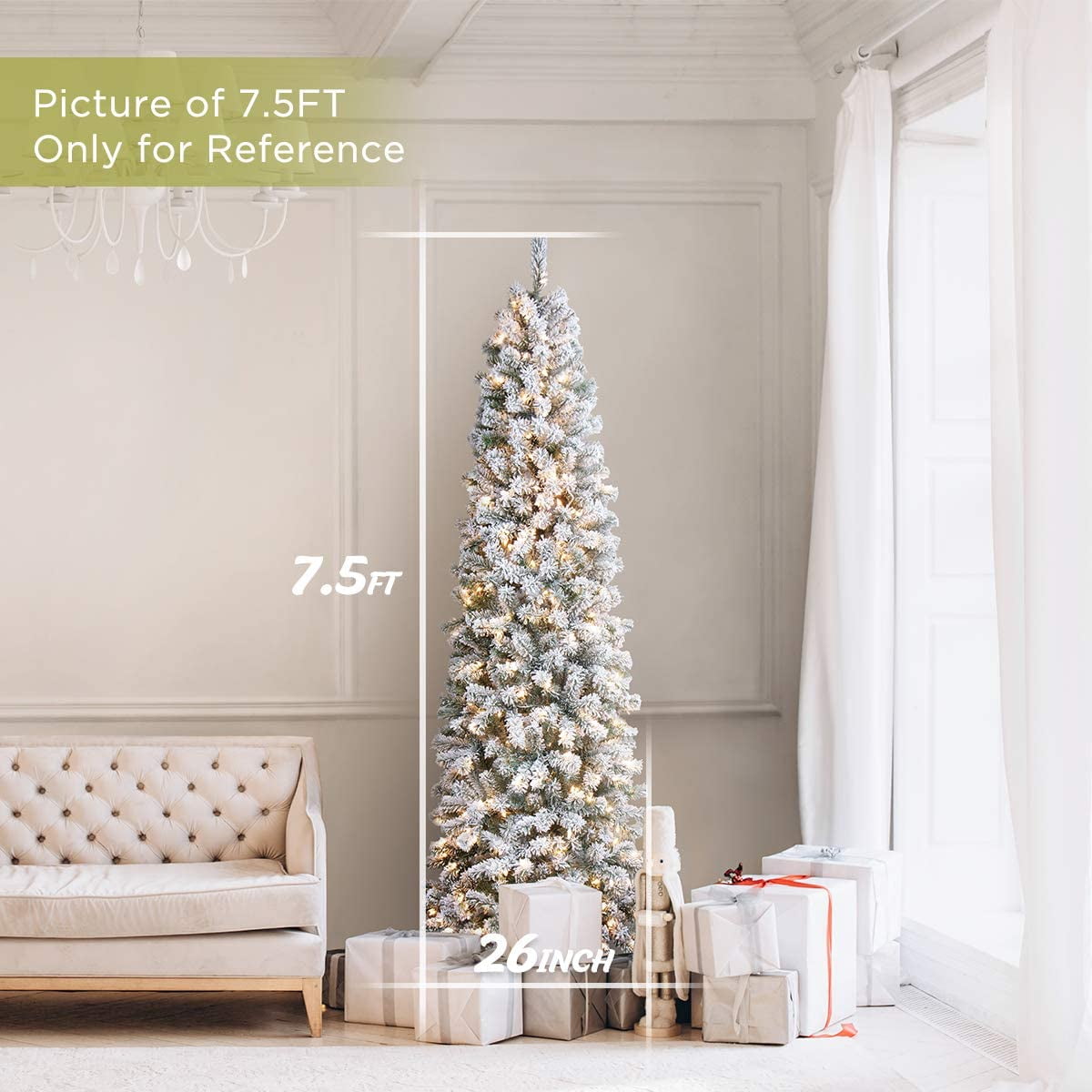 OasisCraft 7.5 Foot Prelit Snow Flocked Artificial Pencil Christmas Tree with 350 Clear Lights, Hinged Snowy Slim Xmas Tree Outdoor for Festive Holiday Decor
