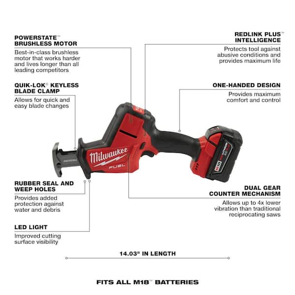 M18 FUEL 18V Lithium-Ion Brushless Cordless HACKZALL Reciprocating Saw Kit W/(1) 5.0Ah Batteries, Charger & Tool Bag