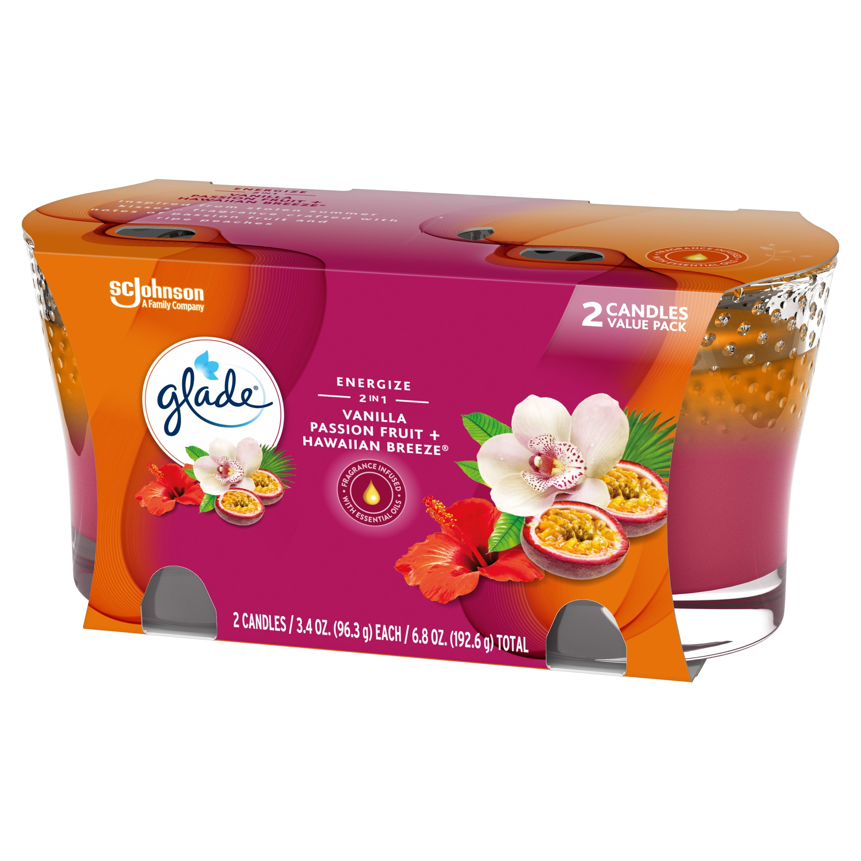 Glade 2in1 Jar Candle 2 ct, Hawaiian Breeze & Vanilla Passion Fruit, 6.8 oz. Total, Air Freshener, Wax Infused with Essential Oils
