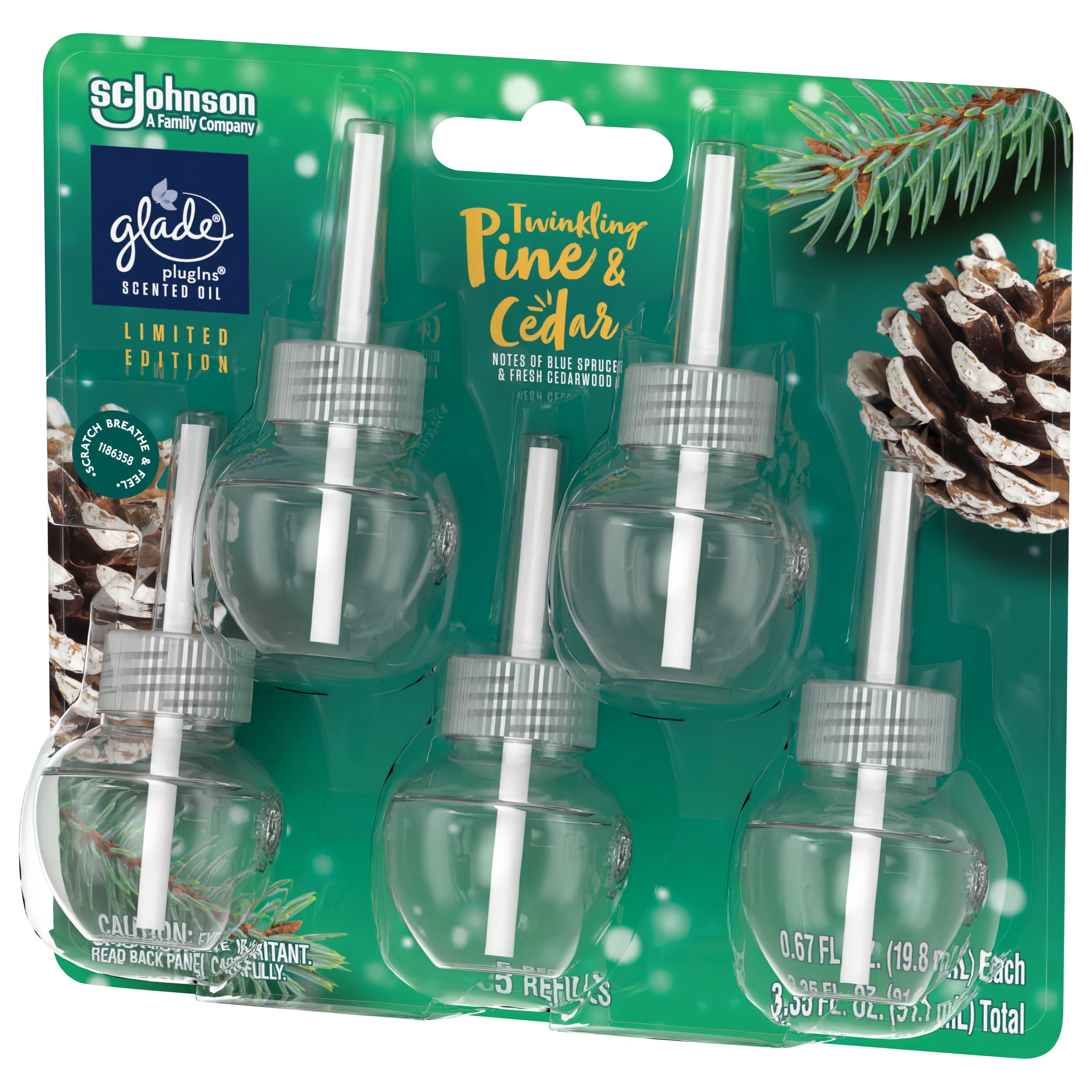 Glade PlugIns Scented Oil, Air Freshener, 5 Refills, Twinkling Pine & Cedar, 0.67 oz Each, 3.35 oz Total