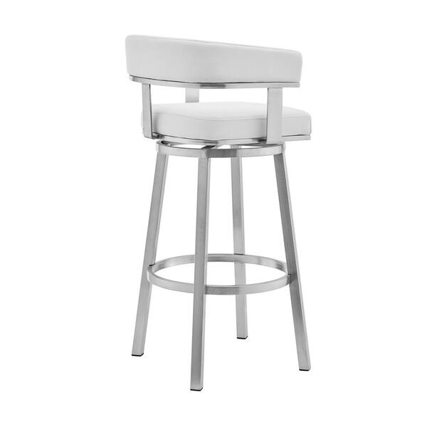 Cohen 26 in. Low Back White Faux Leather and Brushed Stainless Steel Swivel Bar Stool