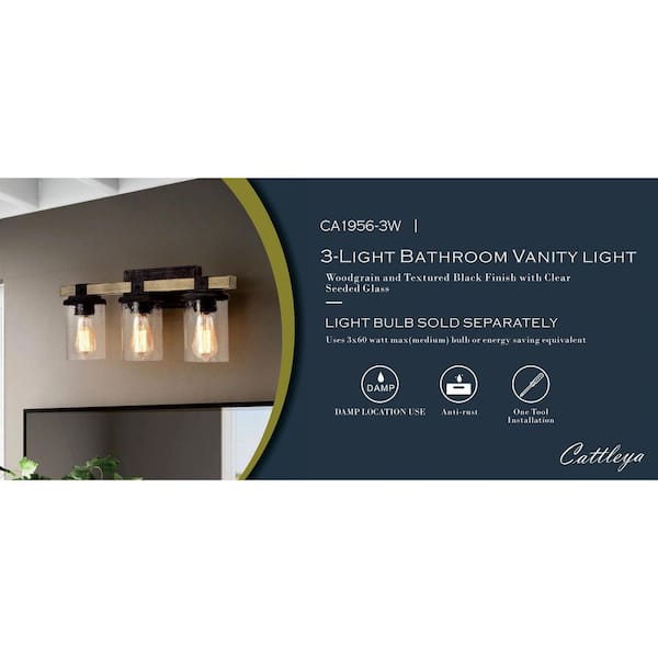 3-Light 22 in. Woodgrain and Rustic Black Vanity Light with Clear Seeded Glass