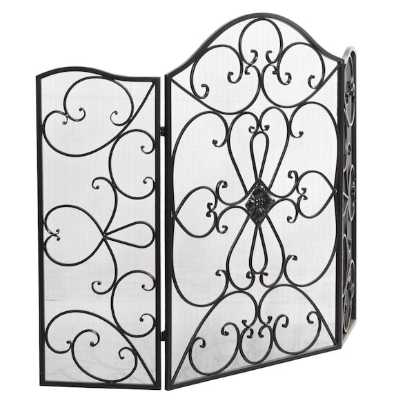 Black Metal Scroll Foldable 3 Panel Fireplace Screen with Mesh Netting