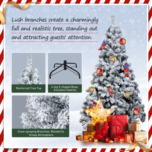 6ft Artificial Pre-lit Christmas Tree Snow White Flocked Hinged Bushy Tree w/LED