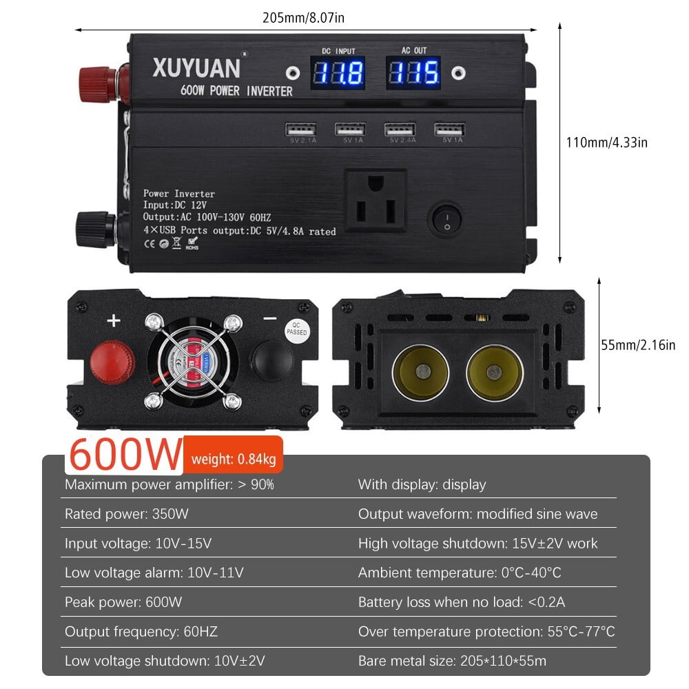 Inverter, DFITO 600W Car Power Inverter Dc 12V/24V to 110V Ac Converter, with 2 Dual Ac Outlet and 4 USB Car Charger for Camping/ Road Trips/ Outdoor Work