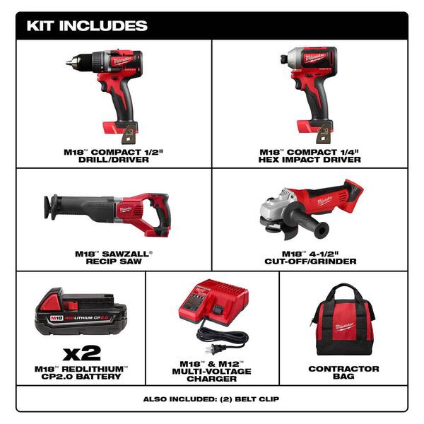 M18 18V Lithium-Ion Brushless Cordless Compact Drill/Impact Combo Kit (2-Tool) with Reciprocating Saw & Grinder