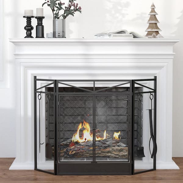 3-Panel Folding Fireplace Screen with Magnetic Doors and Fire Place Tools Set, Home Steel Fire Spark Guard with Brush