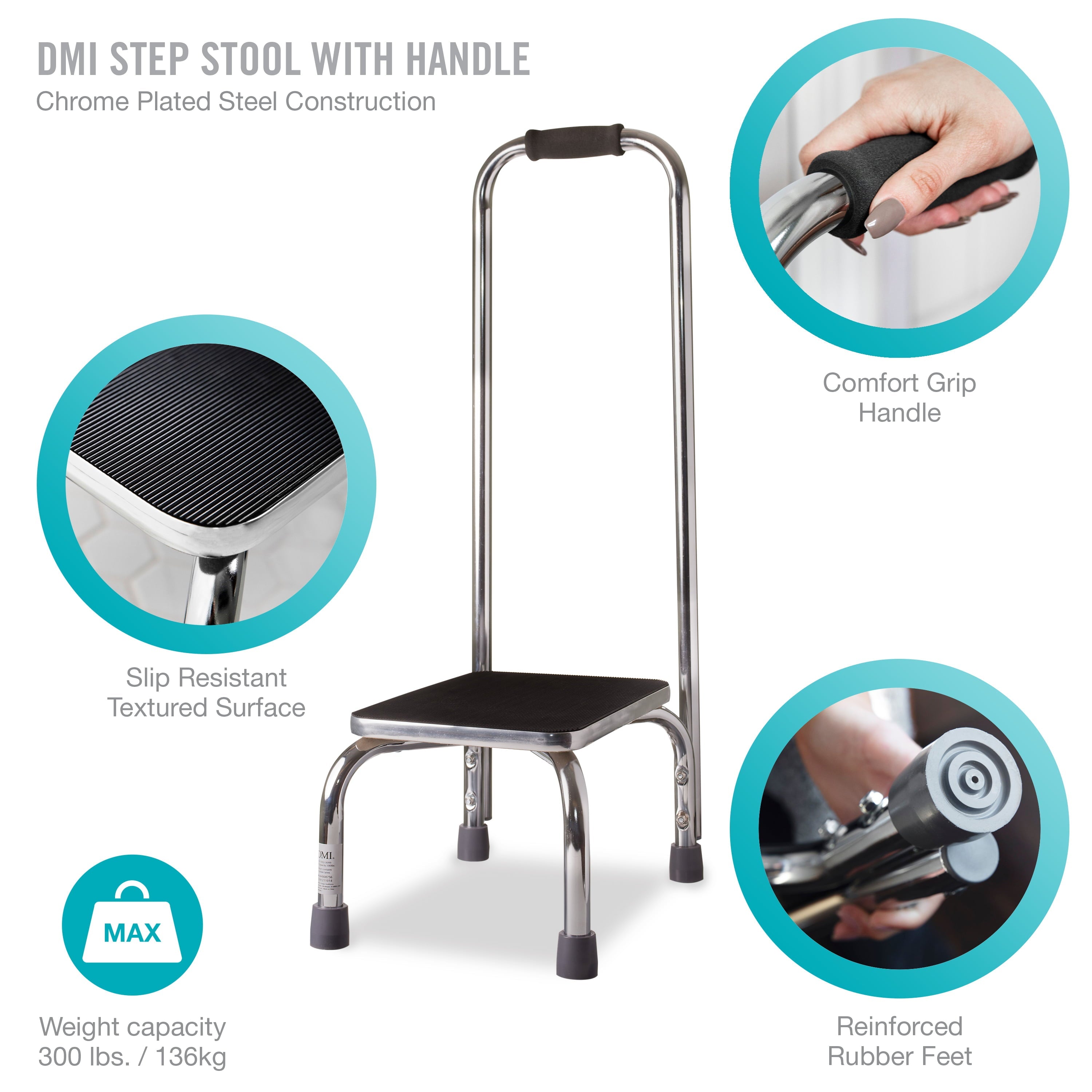DMI Step Stool with Handle and Non Skid Rubber Platform, Lightweight and Sturdy Stool for Seniors, Adults and Children, Holds up to 300 Pounds with 9.5 Inch Step Up, 17.3
