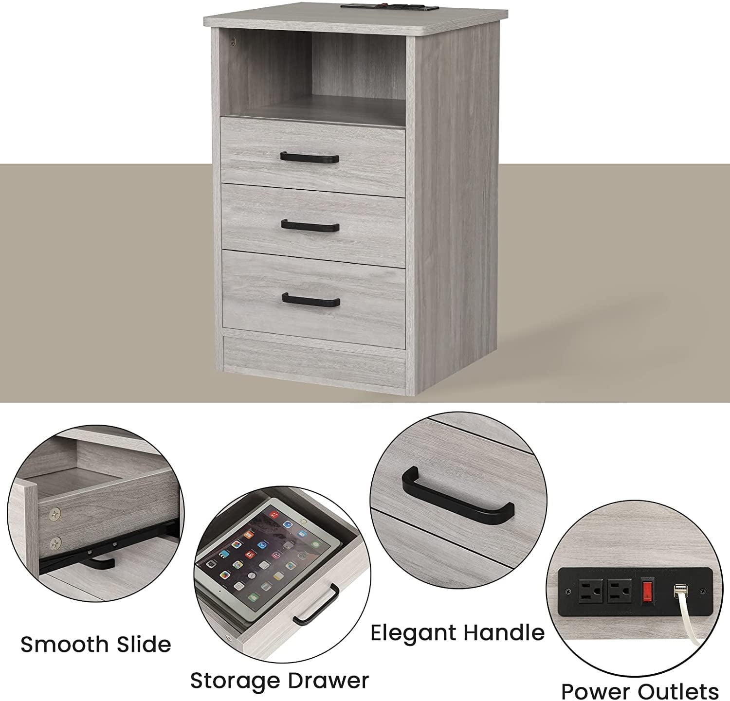 Nightstand with USB Port and 3 Drawers, Bedroom End Table, Grey