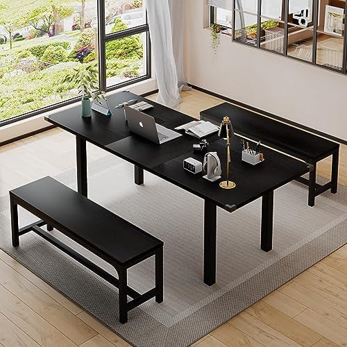 PPDMBIUU 3-Piece Dining Table Set with 2 Benches  Extendable Dining Room Table for 4-8  Kitchen Table Set with Metal Frame & Wooden Board  Easy Clean  Walnut