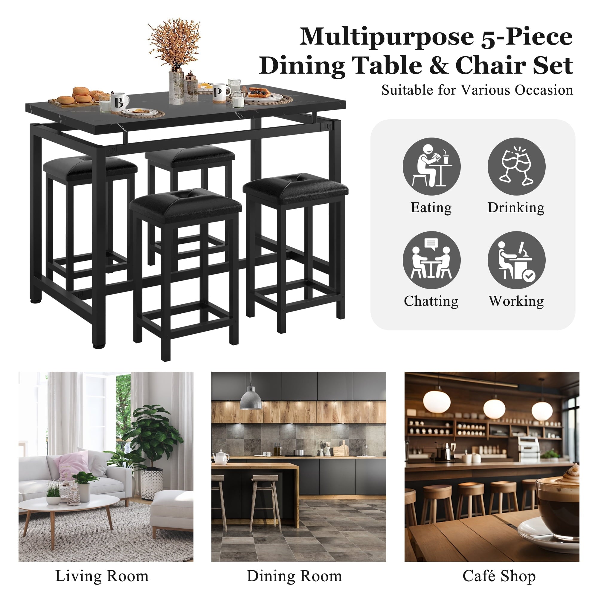 Counter Height Dining Set for 4, BTMWAY 5-Piece Bar Height Dining Room Table Sets, Faux Marble Dining Table and 4 Upholstered Chairs Set, Space Saving Metal Frame Breakfast Diner Table Set, Black