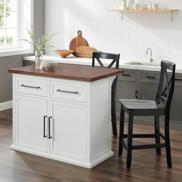 Bartlett White Wood Top 42 in. Kitchen Island with X-Back Stools