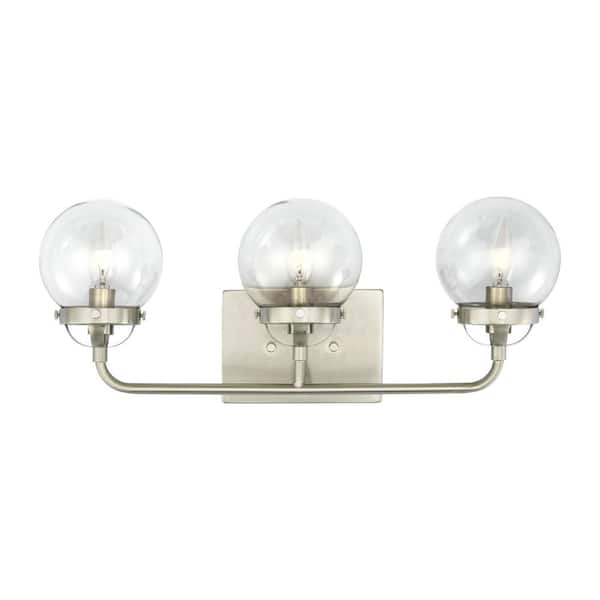 Bryce 21.75 in. 3-Light Brushed Nickel Modern Industrial Bathroom Vanity Light with Clear Round Globe Glass Shades