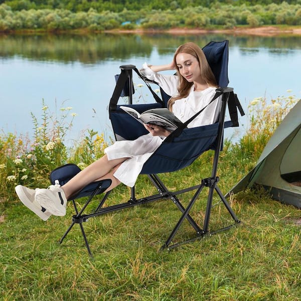 Navy Camping Chair with Removable Footrest Folding Lounge Chair with Adjustable Backrest Pillow Cup Holder