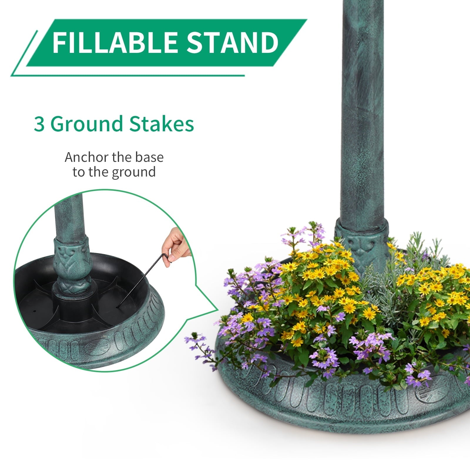 UBesGoo Bird Bath Dark Green 42 Inch w/ Solar Light Antique Copper Weather Resistant Birdbaths