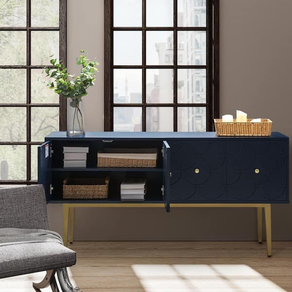 Constance Navy MDF 63 in. Wide 4-Doors Storage Sideboard with Adjustable Shelves and Metal Legs