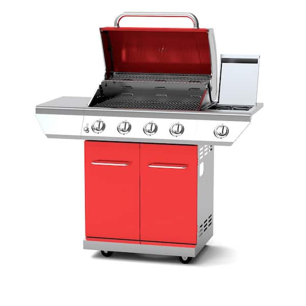 4-Burner Propane Gas Grill in Red with Side Burner