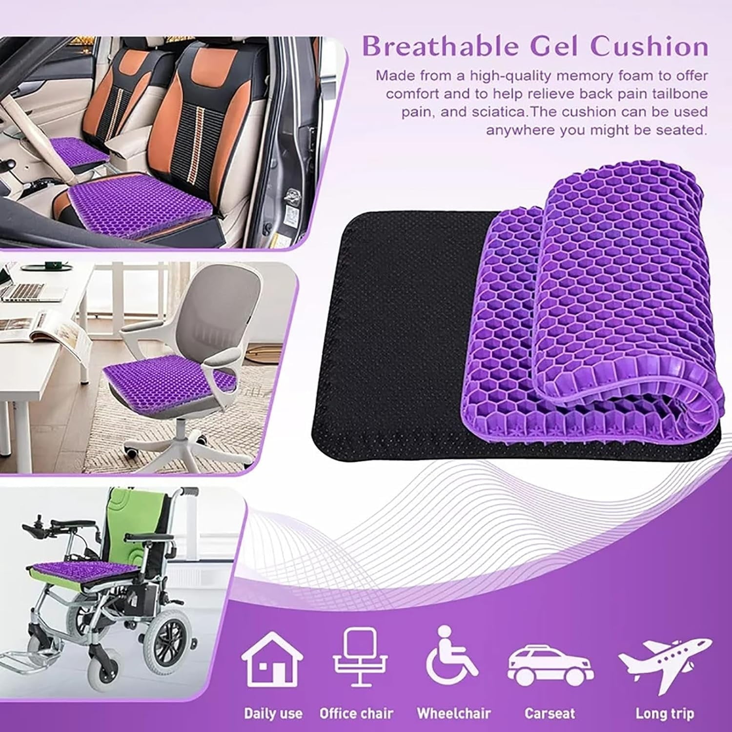 Gel Seat Cushion Pillow for Long Sitting – Office Chair Car Egg Seat Cushion with Non-Slip Cover for Back, Coccyx & Tailbone Pain Relief Pad - Pressure Reducing Honeycomb Designed for Comfort