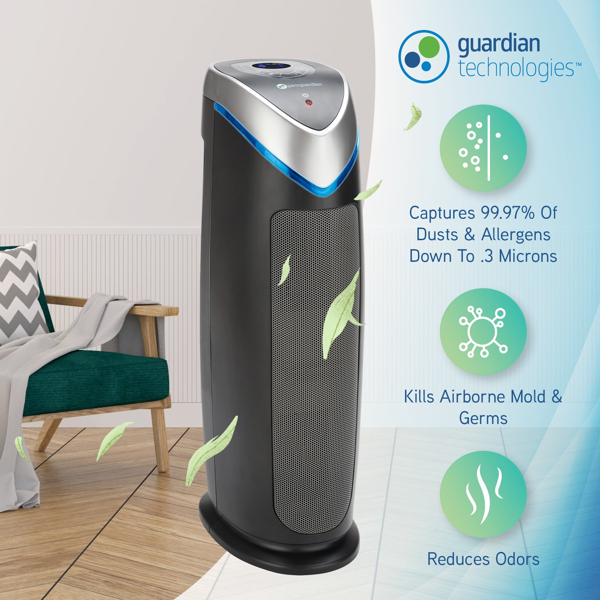 Germ Guardian AC4870 4-in-1 Digital Air Purifier with HEPA Filter, UVC Sanitizer and Odor Reduction, 22-Inch Tower