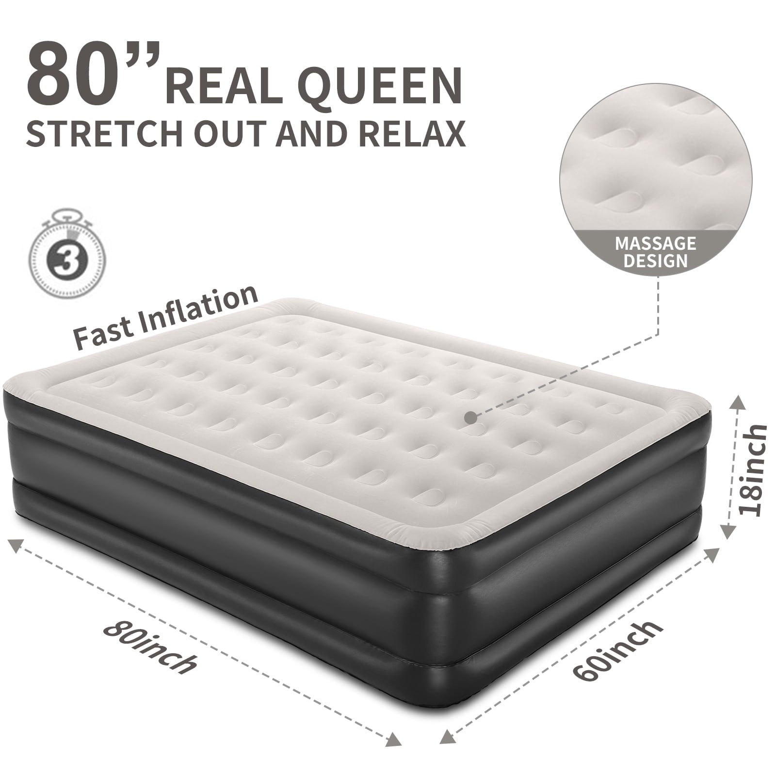 US 18 inch Queen Size Air Mattress with Built-in-Pump, Black