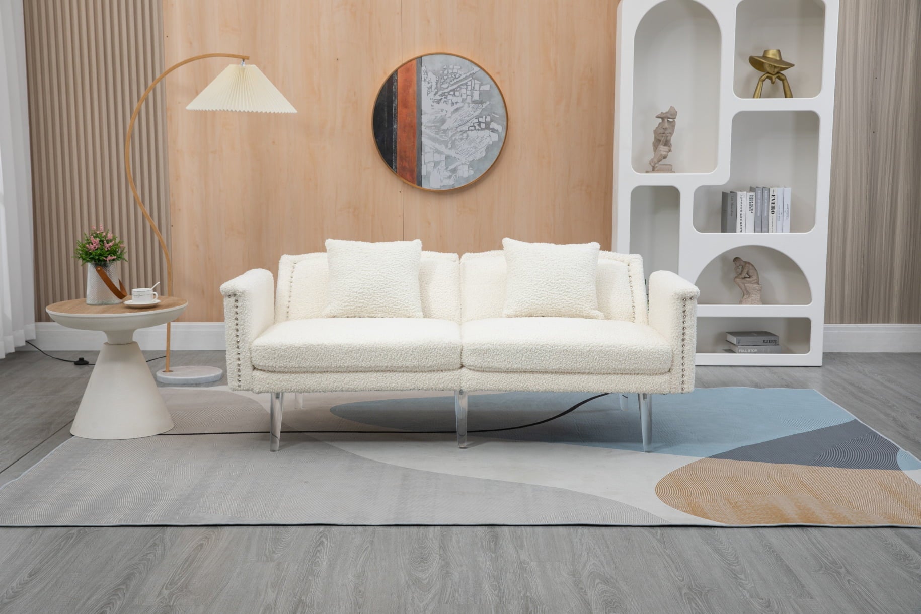 Loveseat Sofa, Modern Polyester Upholstered Accent Sofa Couch with Low Back and Acrylic Feet, 2-Seater Convertible Sleeper Bed Futon Sofa with 2 Pillows for Living Room Bedroom Office, White