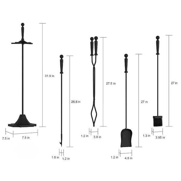 5-Piece Wrought Iron Fireplace Tool Set with Stand, Broom, Dustpan, Poker and Tongs in Matte Black