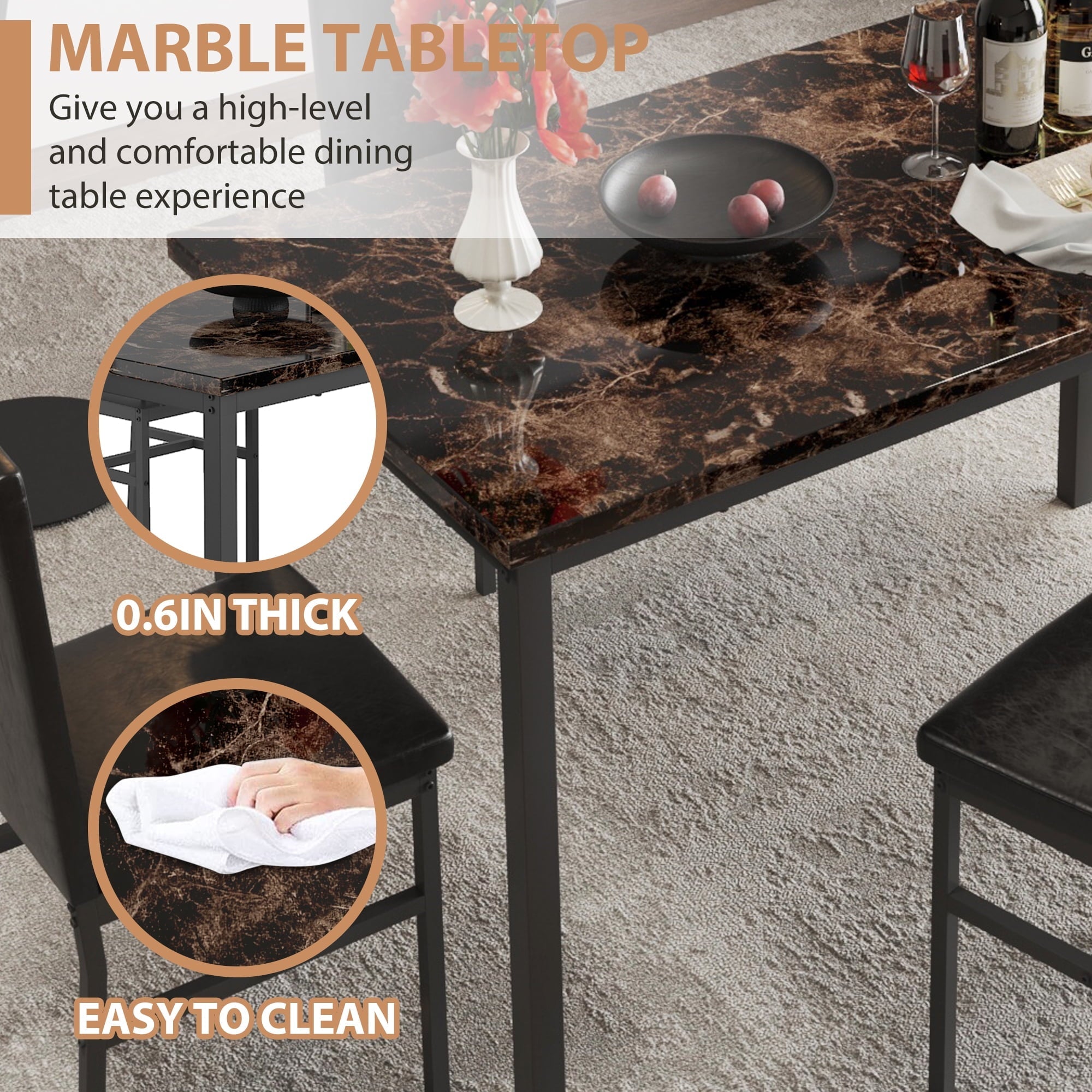 uhomepro 5-Piece Dining Room Table Set for 4 Person, Elegant Dining Table Set, Home Kitchen Table with 4 PU Leather Chairs and Metal Dining Room Modern Furniture