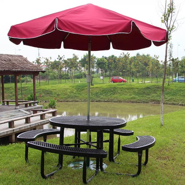 46 in. Round Outdoor Steel Picnic Table with Umbrella Pole in Black