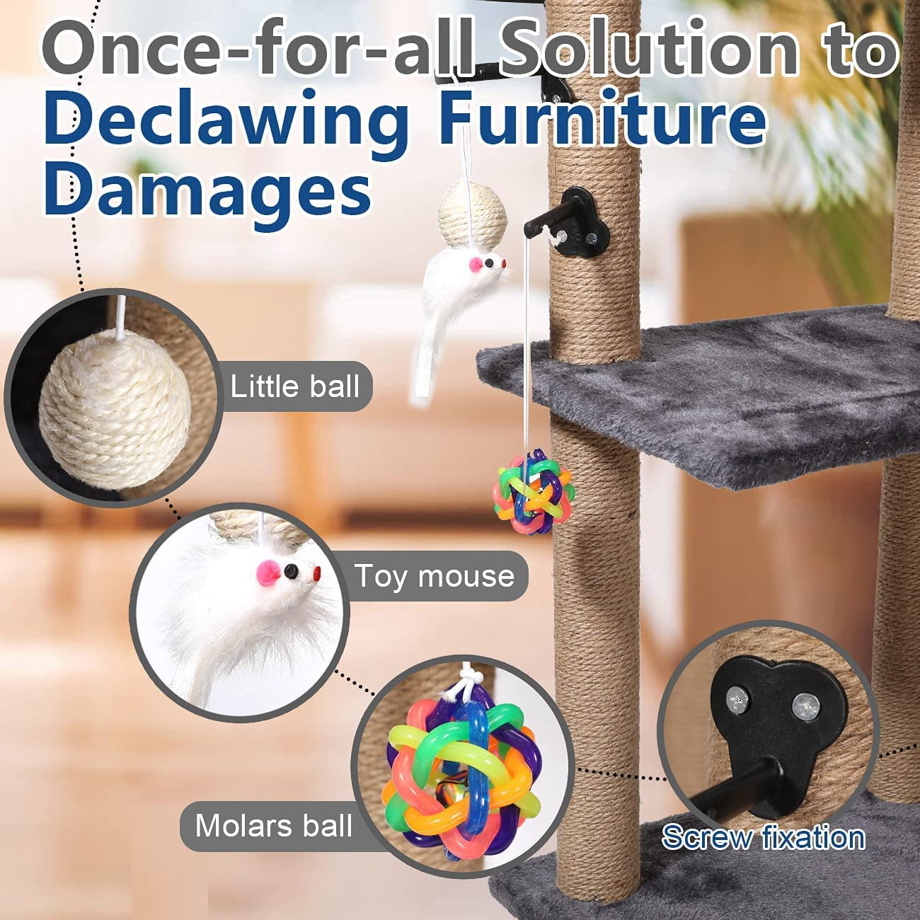 PinkSheep 3 Tier Cat Tree Tower Scratching Post Climber with Sisal Toys & Cat Perch Bed for Small Medium Cats Gray