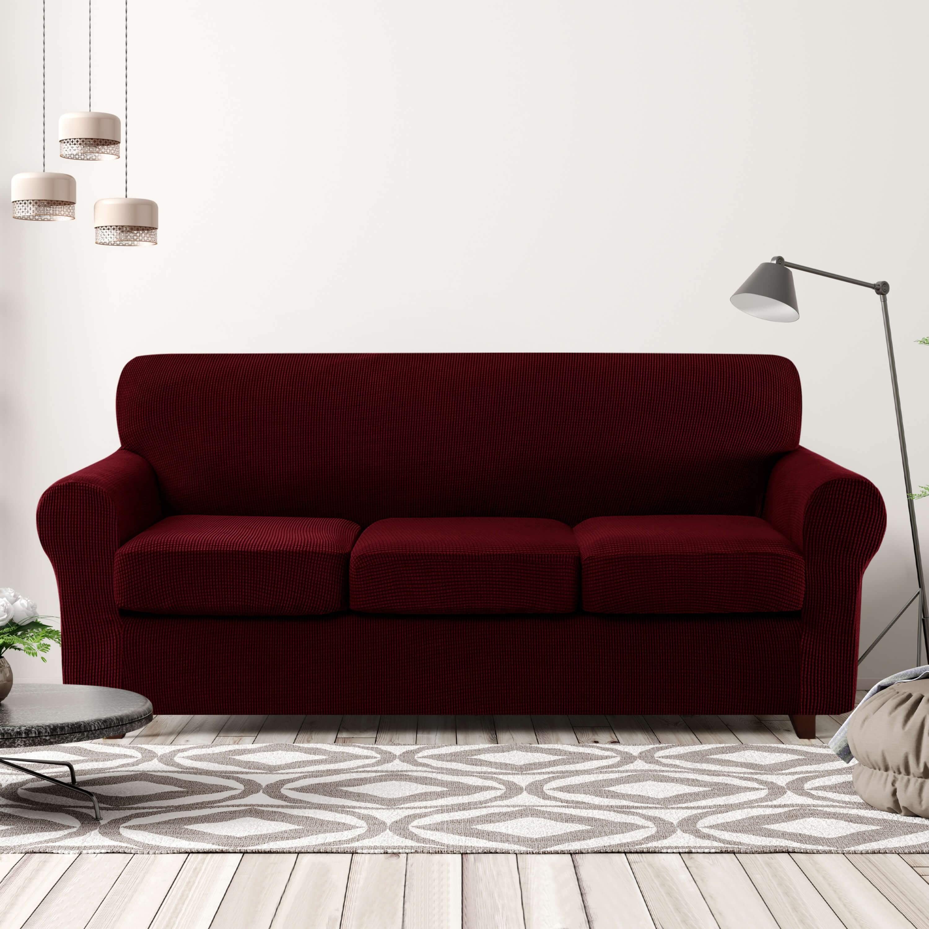 CHUN YI Sofa Cover with Separate Cushion Slipcover Stretch Checks (Sofa, Wine)