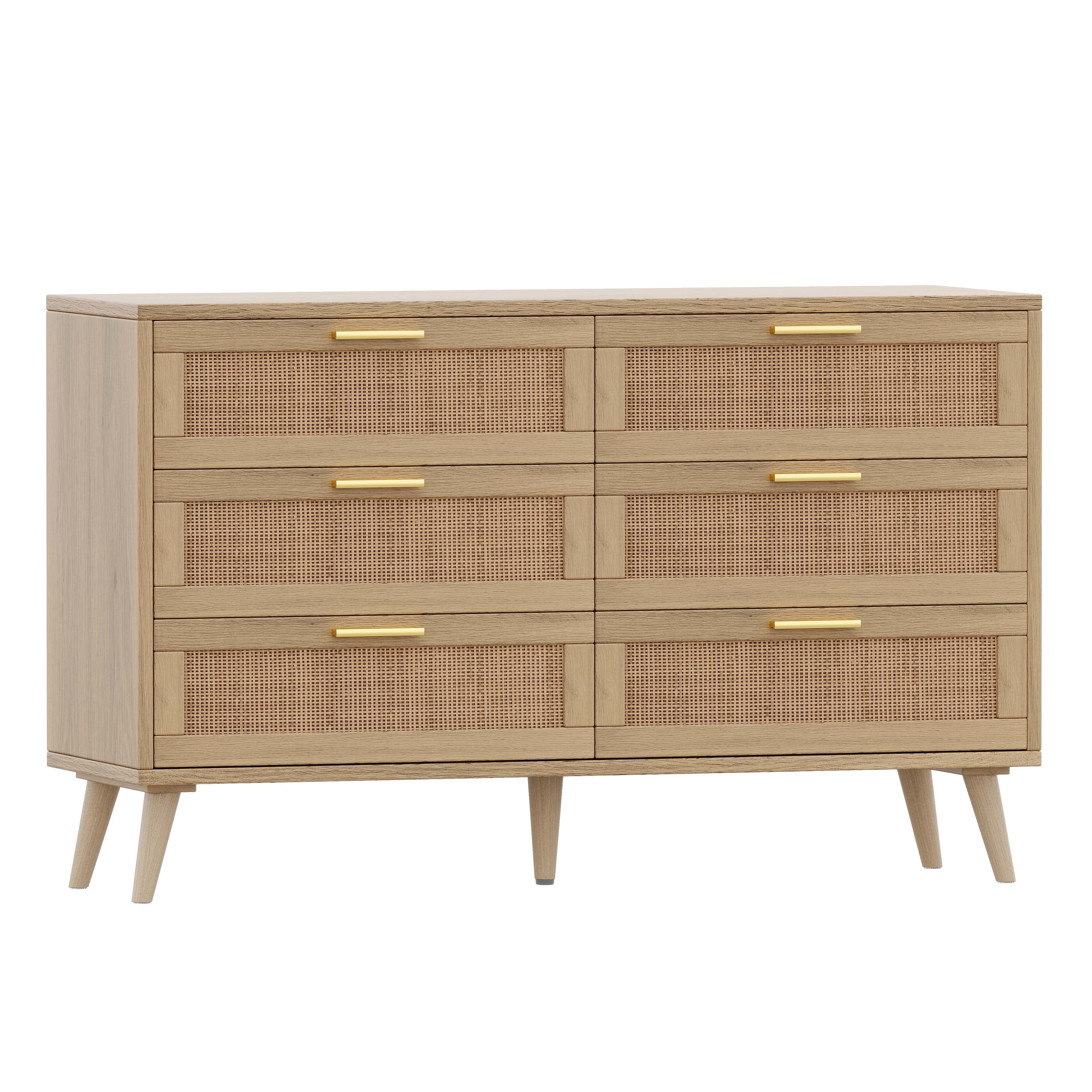 Rovaurx 6 Drawer Double Dresser Chest, Bedroom Chest of Dressers, Rattan Beside Table, Natural