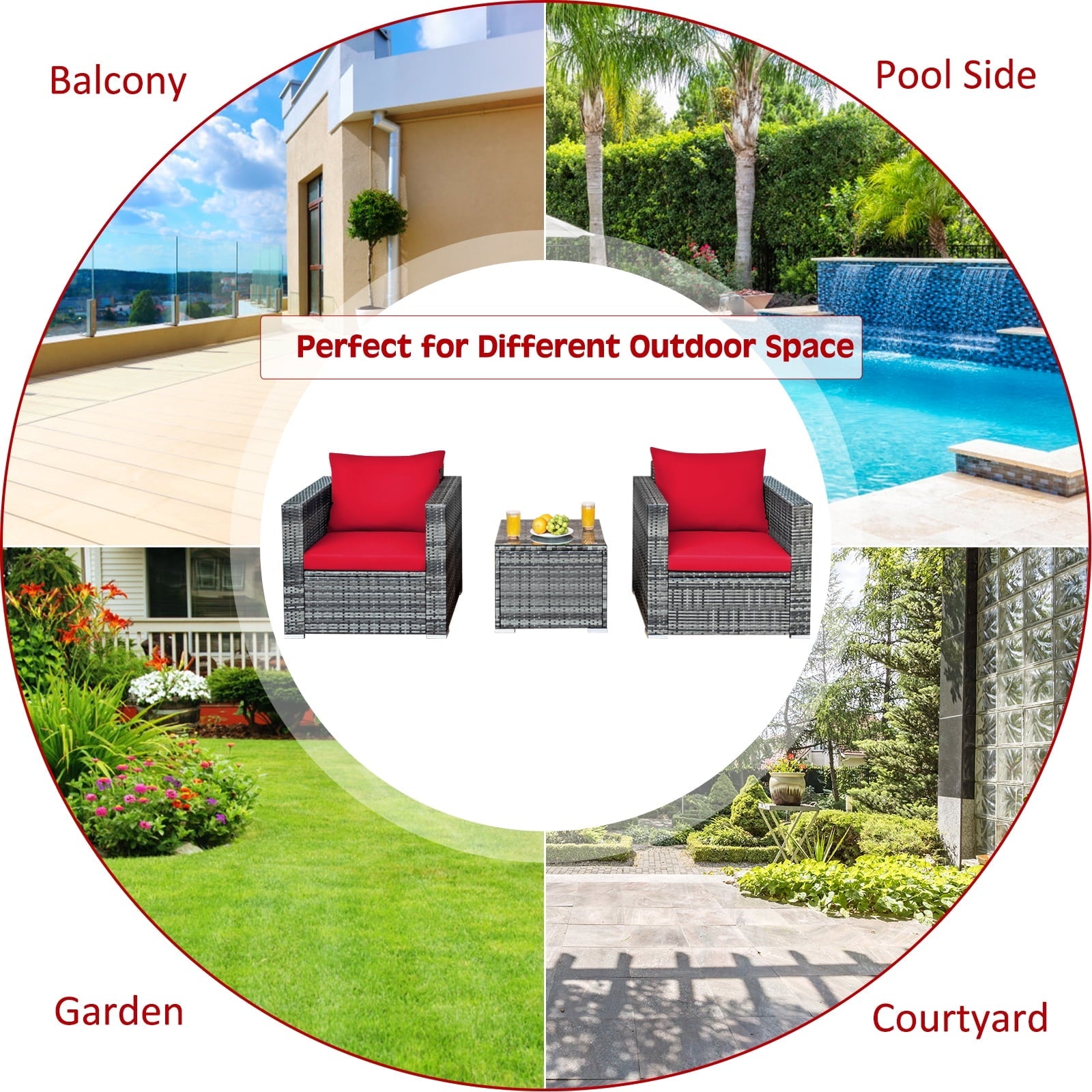 Patiojoy 3-Piece Patio Wicker Conversation Set Bistro Rattan Sofa Chair with Washable Cushion Mix Gray & Red