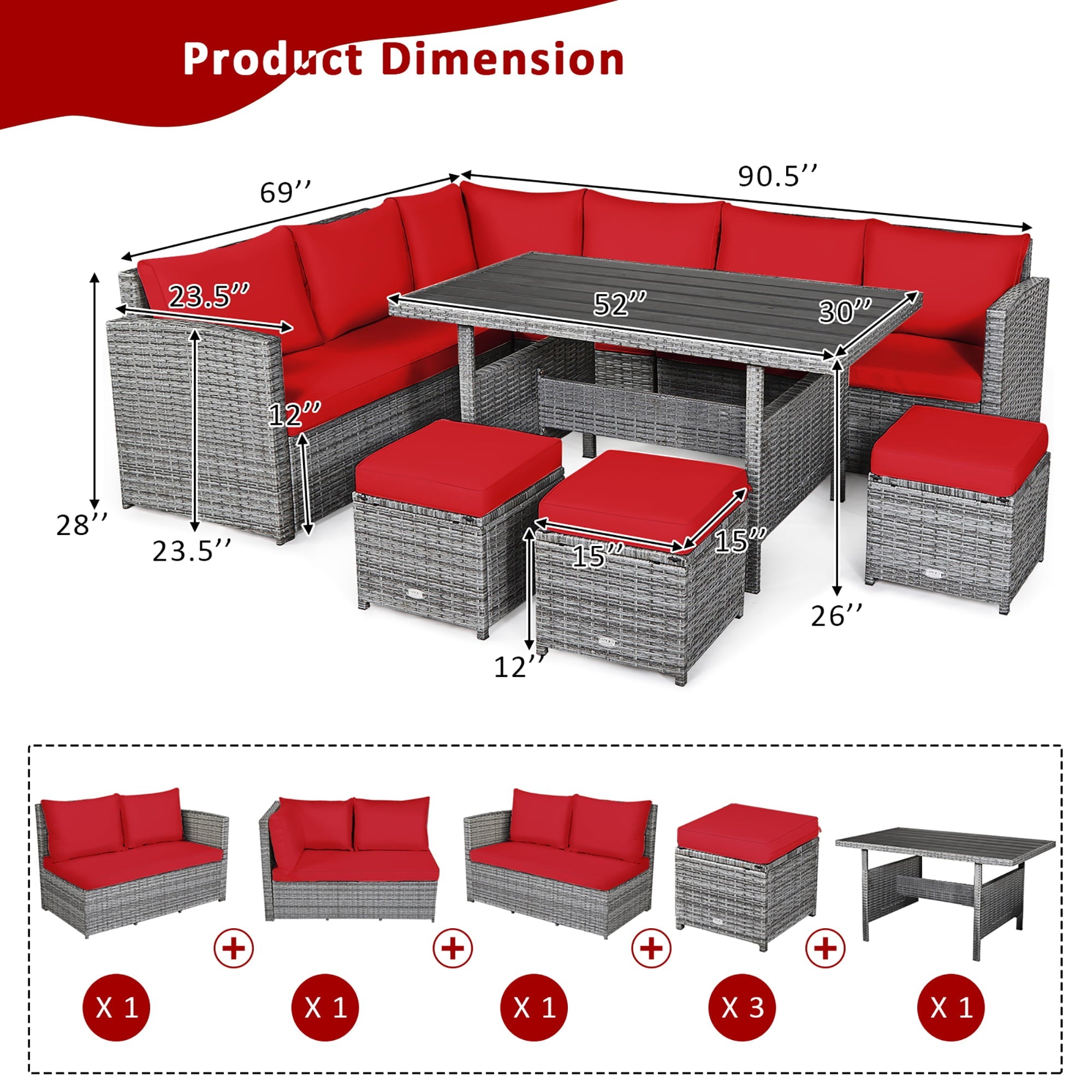 Costway 7 PCS Patio Rattan Dining Set Sectional Sofa Couch Ottoman Garden Red