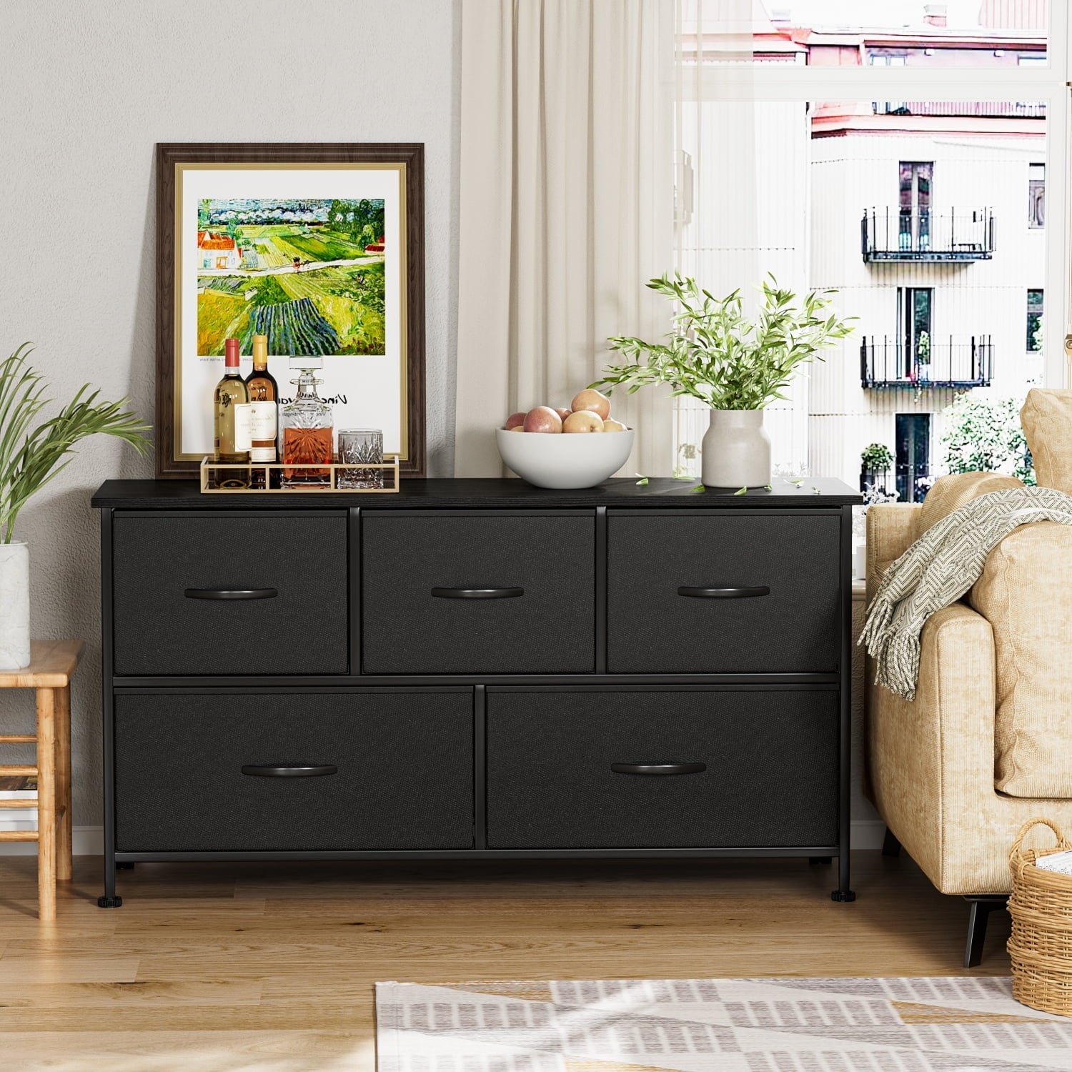 Vineego Dresser for Bedroom with 5 Drawers, Wide Chest of Drawers, Fabric Dresser,Black