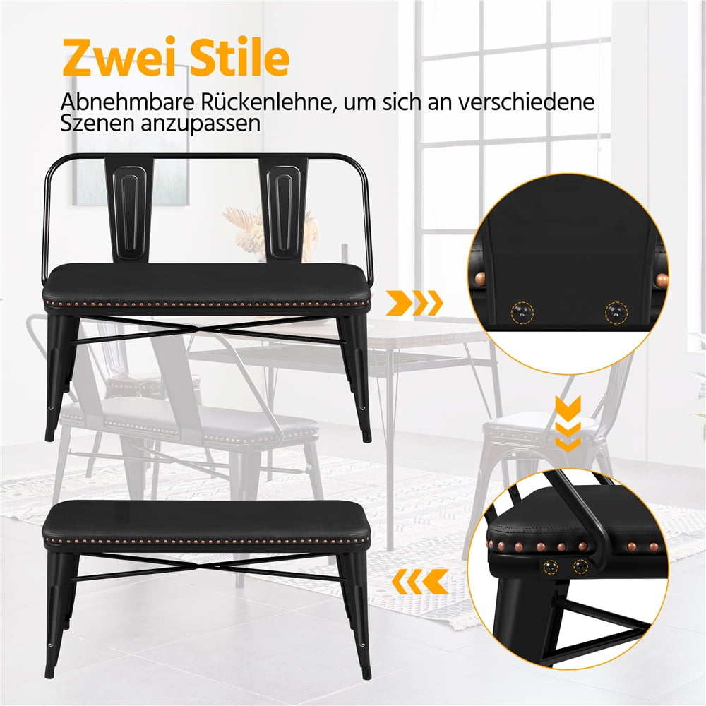 Topeakmart Industrial Upholstered Metal Dining Bench with Removable Backrest, Black